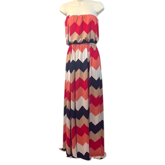 Windsor Chevron Strapless Maxi Dress Size Large Red Tan Black Boho Summer Y2K - Picture 1 of 8
